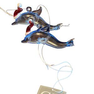 Set Of 2 Gallerie II Dolphin‎ Glass Christmas Ornaments With Santa Hats